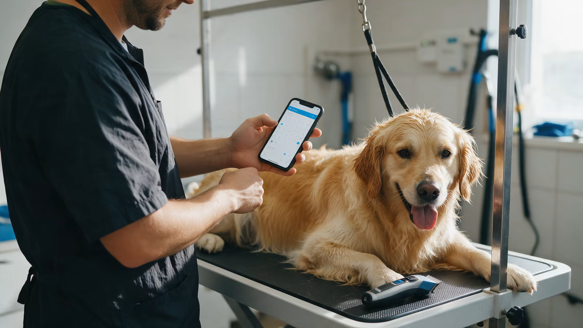 Hundefriseurin prüft die Termine auf dem Handy neben dem Trimmtisch