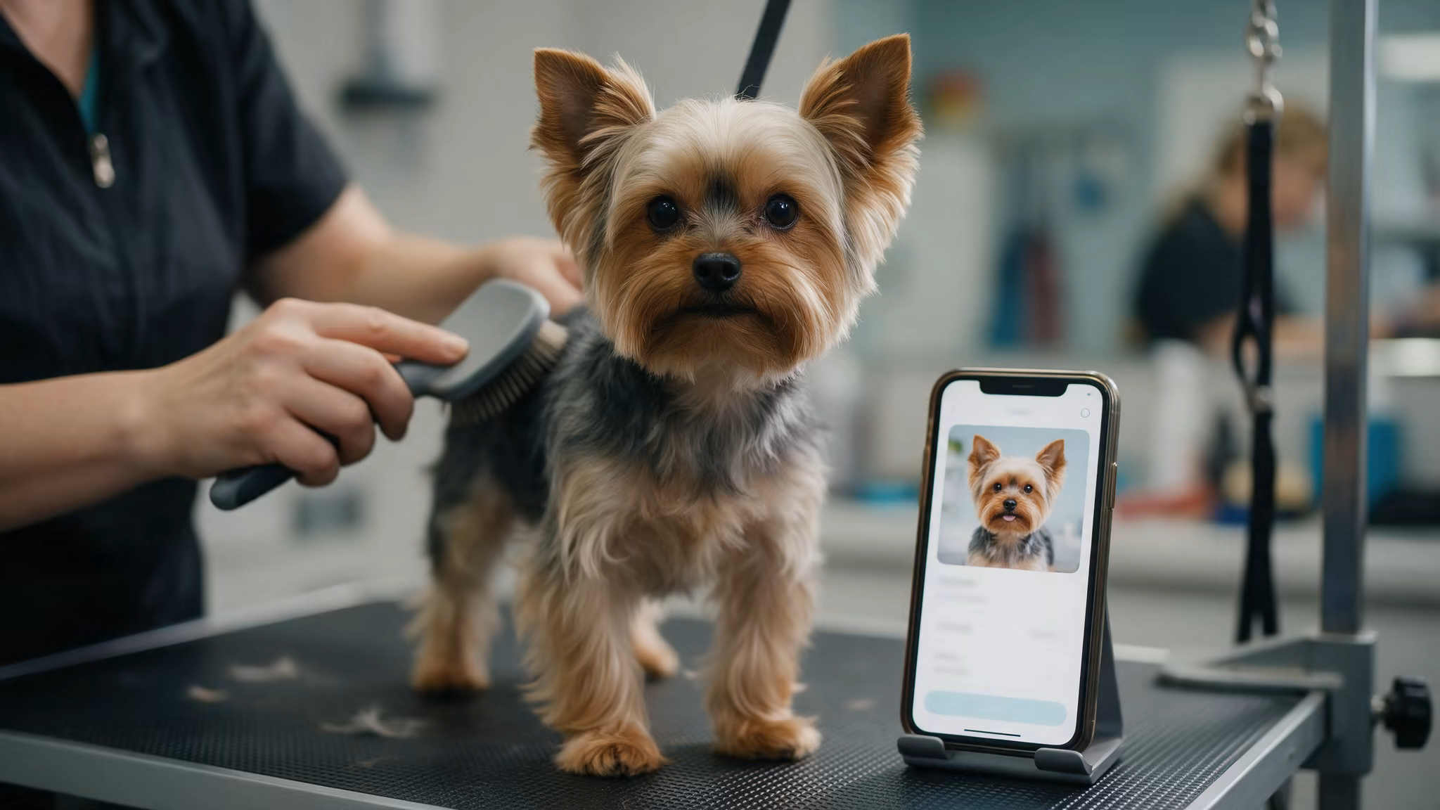 Hundefriseurin bürstet einen kleinen Hund auf dem Trimmtisch, die Akte des Hundes ist auf dem Handy geöffnet