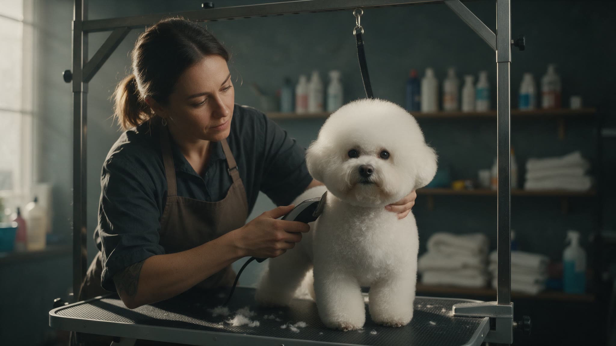Hundefriseurin schneidet einen Hund auf dem Trimmtisch in einem Hundesalon